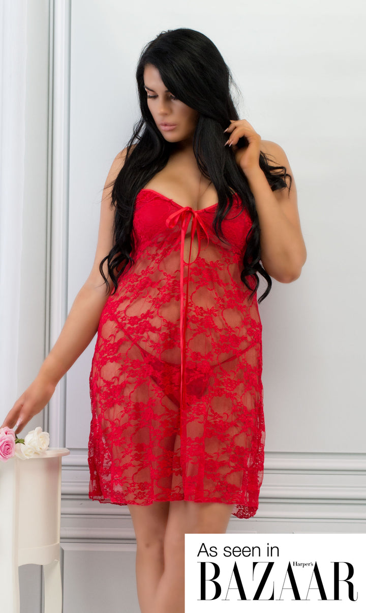 Plus Size Red Lace Babydoll Set