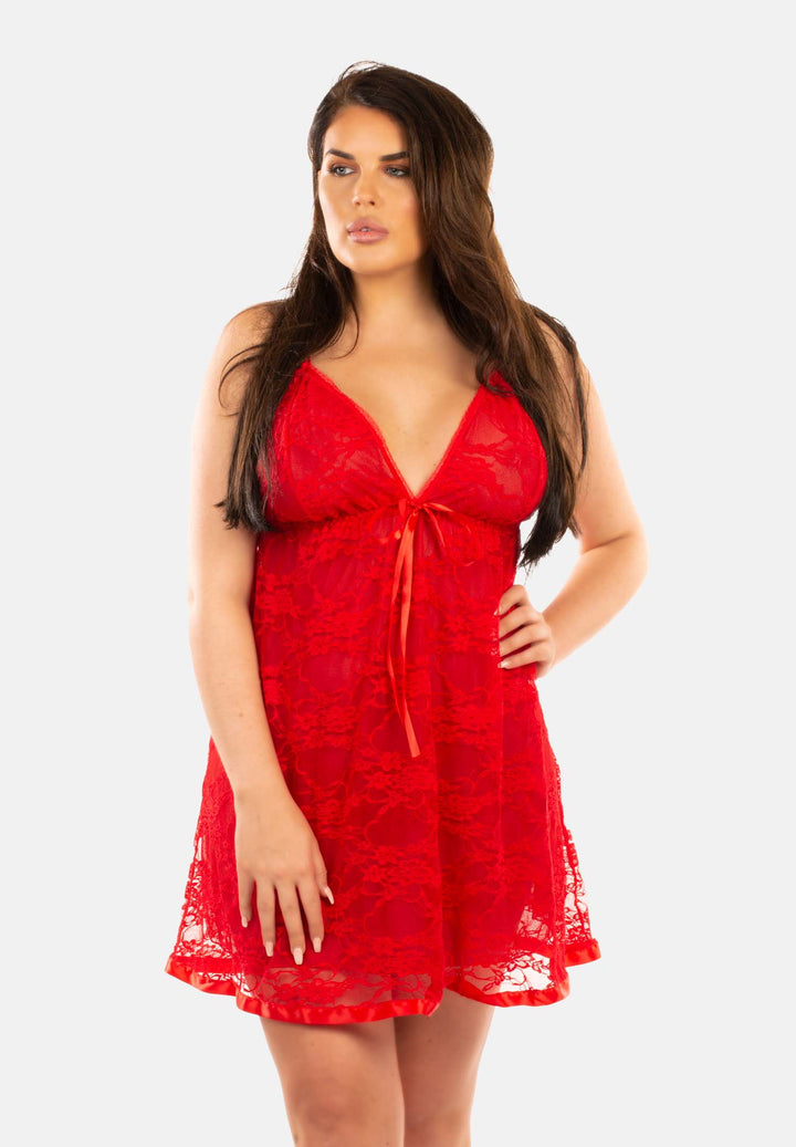 Amelia Red Double Layer Lace Babydoll with Lace Thong