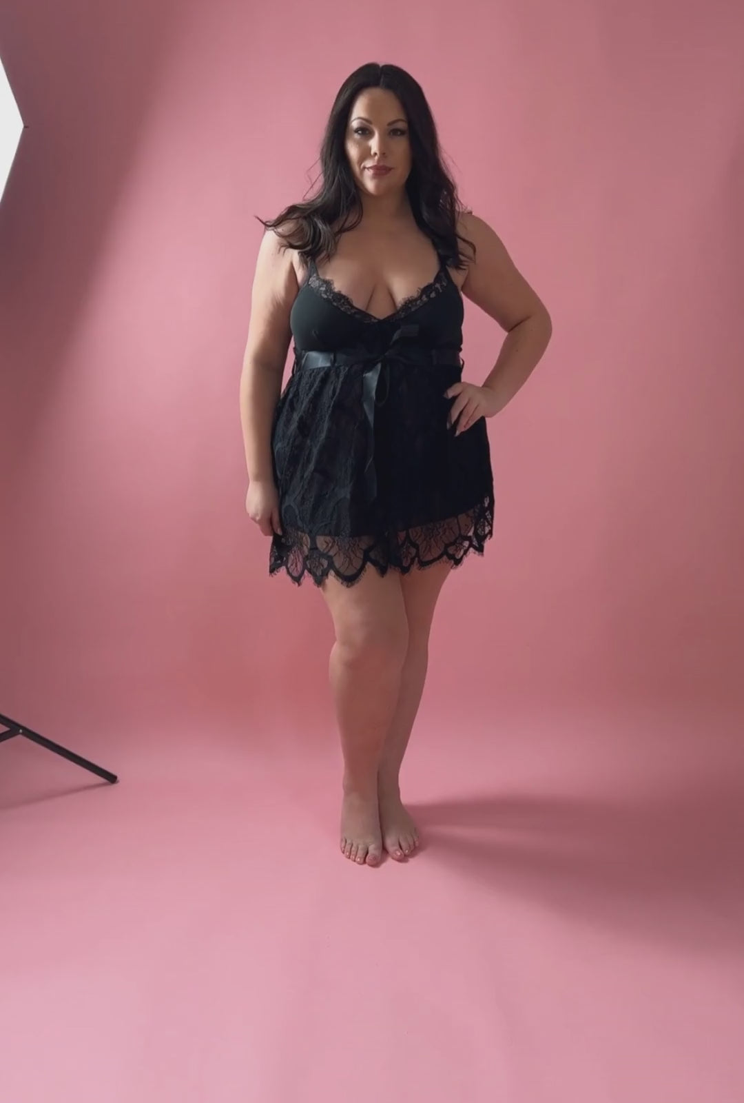 Elle Black Plus Size Nightie with Satin Belt